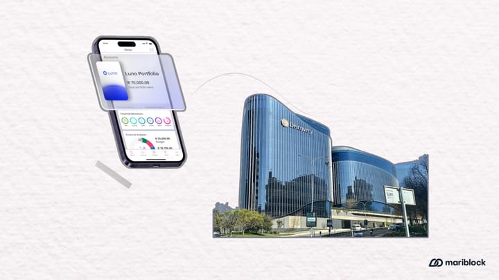 An editorial collage of Luno mobile app and Discover Bank office in South Africa.